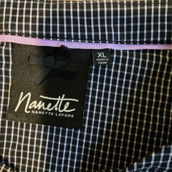 Nanette lepore Black White Gingham Bell Sleeve Blouse Embroidered sz XL Casual - Picture 2 of 7